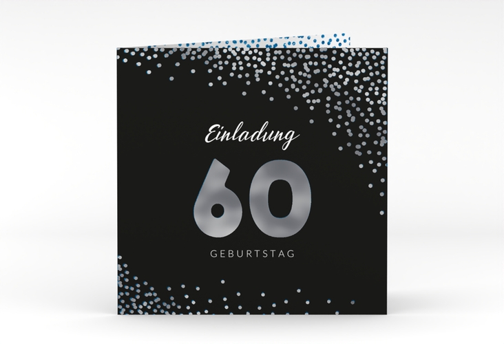 Einladung 60. Geburtstag Glitzer quadr. Klappkarte blau silber