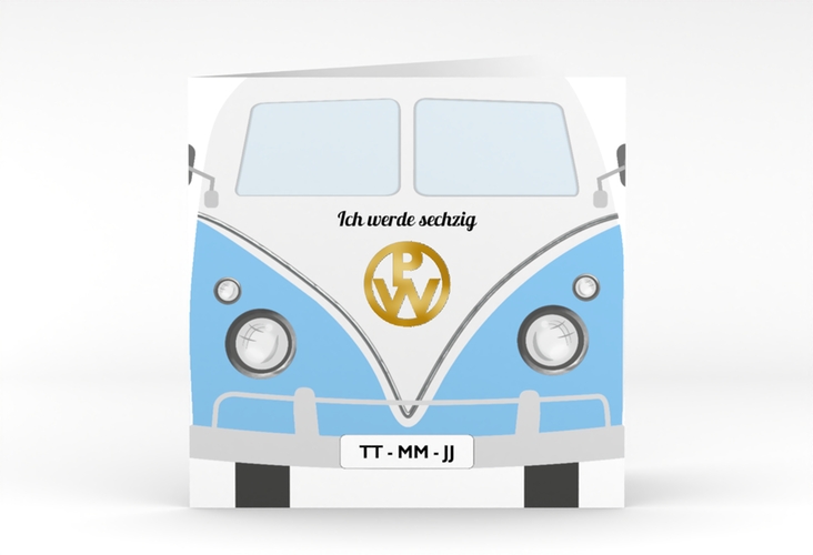 Einladung 60. Geburtstag Bulli Bus quadr. Klappkarte blau gold