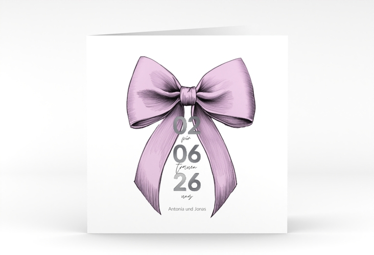 Hochzeitseinladung Schleife quadr. Klappkarte rosa silber