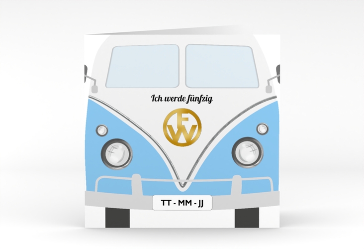 Einladung 50. Geburtstag Bulli Bus quadr. Klappkarte blau gold