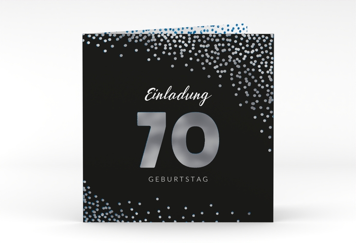 Einladung 70. Geburtstag Glitzer quadr. Klappkarte blau silber