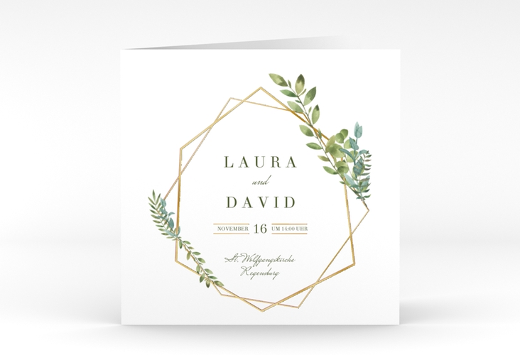 Hochzeitseinladung Herbarium quadr. Klappkarte rosa gold mit geometrischem Rahmen und Blätter-Dekor