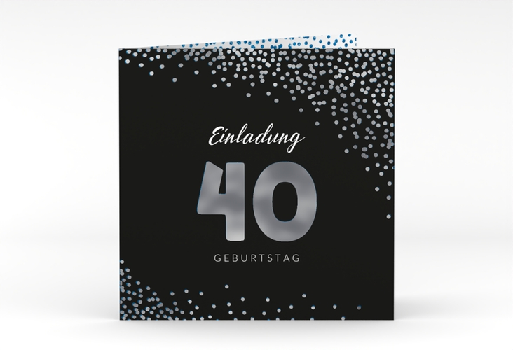 Einladung 40. Geburtstag Glitzer quadr. Klappkarte blau silber