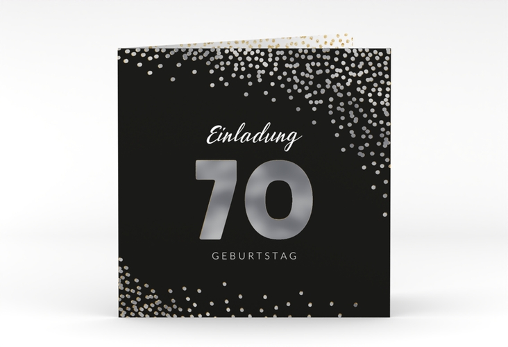 Einladung 70. Geburtstag Glitzer quadr. Klappkarte gold silber