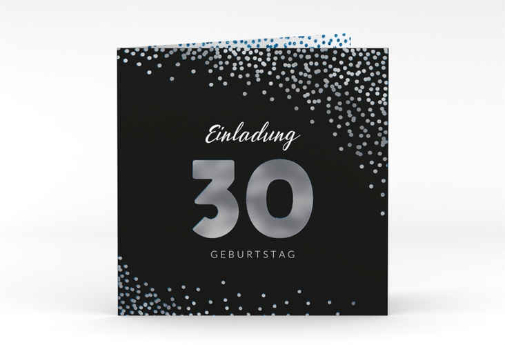 Einladung 30. Geburtstag Glitzer quadr. Klappkarte blau silber
