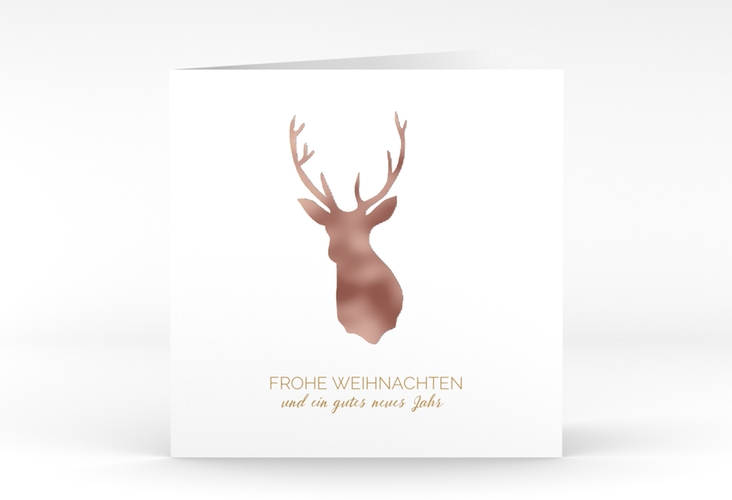 Business-Weihnachtskarte Deer quadr. Klappkarte gold rosegold und weiß mit Hirsch-Motiv