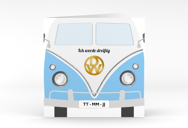 Einladung 30. Geburtstag Bulli Bus quadr. Klappkarte blau gold