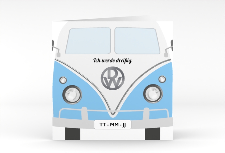 Einladung 30. Geburtstag Bulli Bus quadr. Klappkarte blau silber