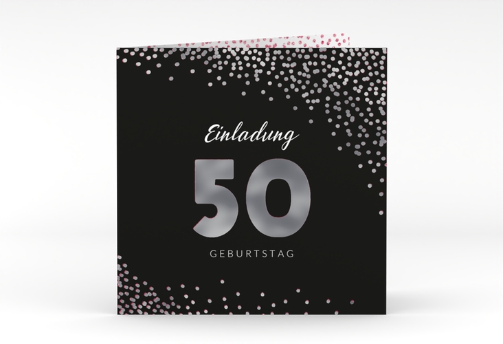 Einladung 50. Geburtstag Glitzer quadr. Klappkarte pink silber