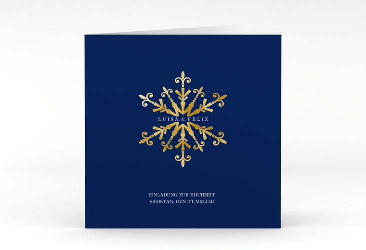 Hochzeitseinladung Crystal quadr. Klappkarte blau gold mit Eiskristall