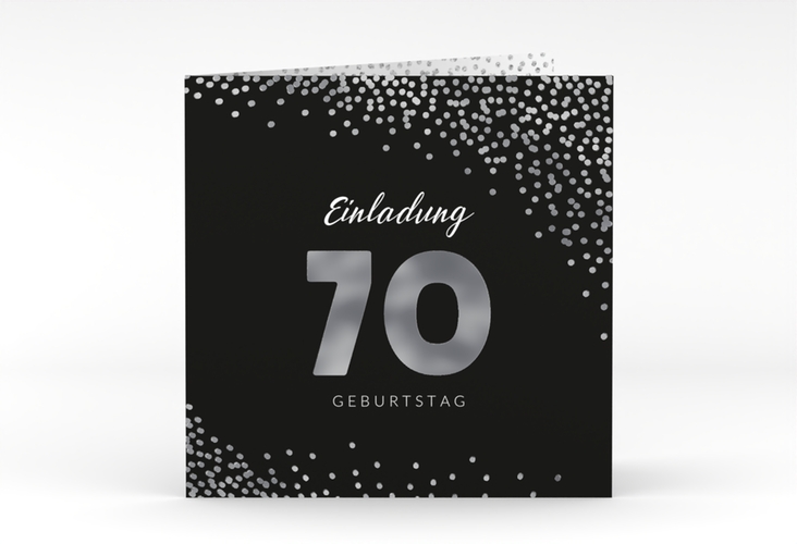 Einladung 70. Geburtstag Glitzer quadr. Klappkarte grau silber