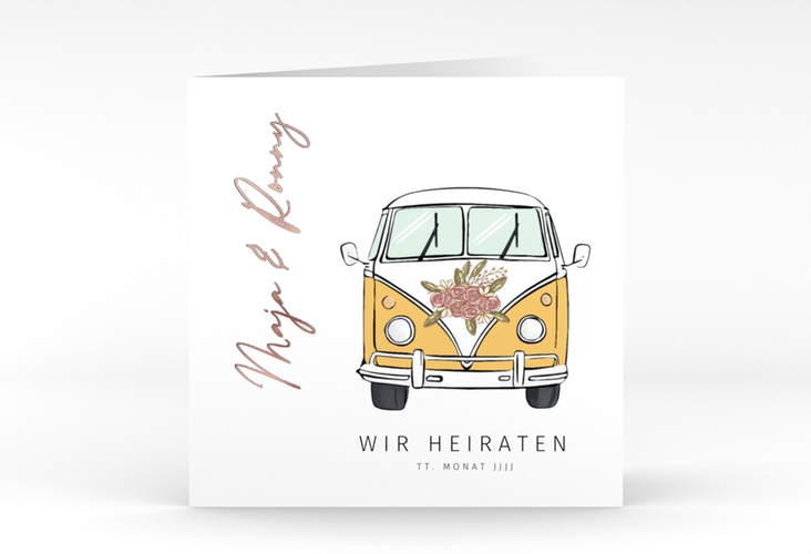 Hochzeitseinladung Hochzeitsbulli quadr. Klappkarte gelb rosegold