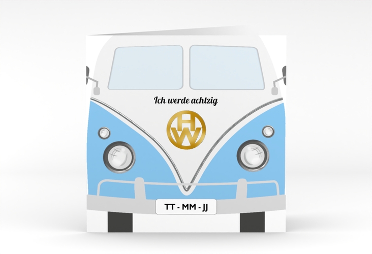 Einladung 80. Geburtstag Bulli Bus quadr. Klappkarte blau gold