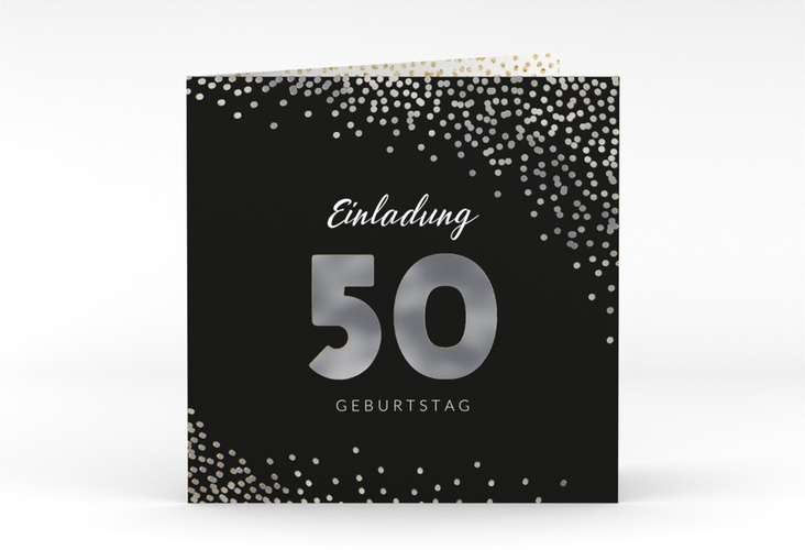 Einladung 50. Geburtstag Glitzer quadr. Klappkarte gold silber