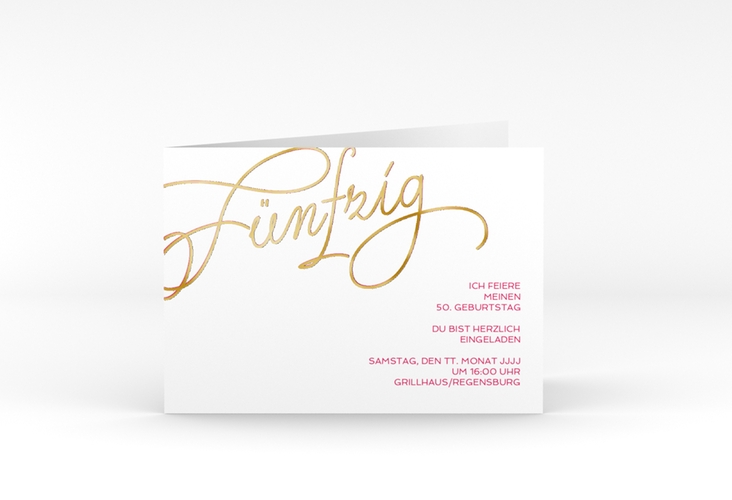 Einladung 50. Geburtstag Schwungvoll A6 Klappkarte quer pink gold