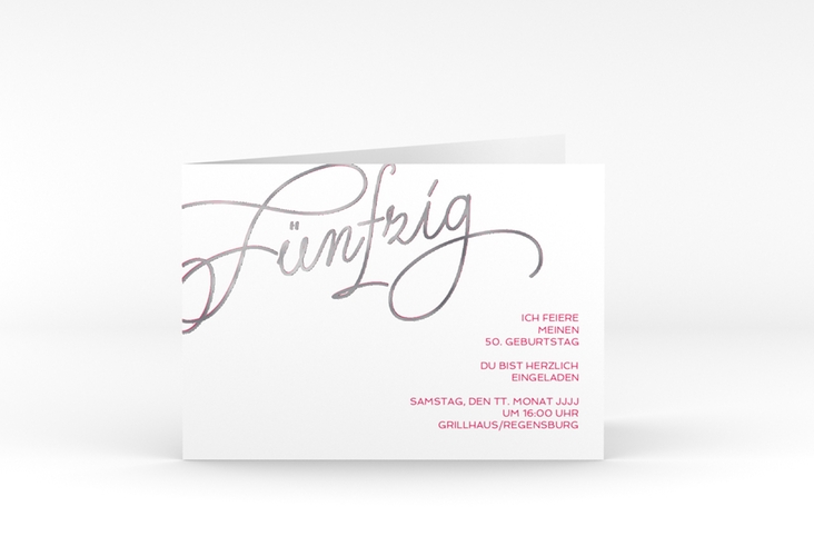 Einladung 50. Geburtstag Schwungvoll A6 Klappkarte quer pink silber