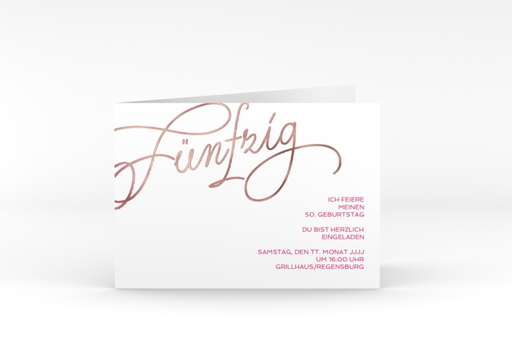 Einladung 50. Geburtstag Schwungvoll A6 Klappkarte quer pink rosegold