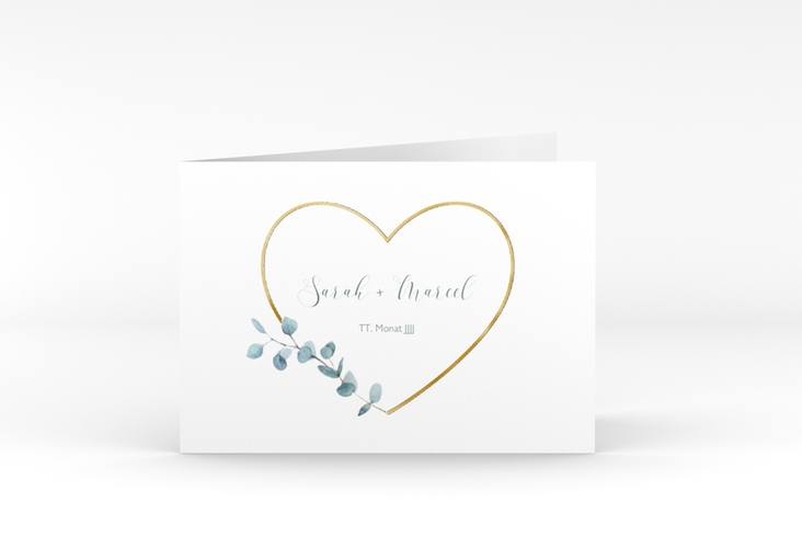 Danksagungskarte Hochzeit Greenheart A6 Klappkarte quer rosa gold mit elegantem Herz und Eukalyptus-Zweig