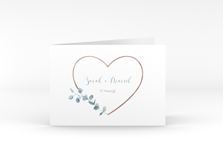 Danksagungskarte Hochzeit Greenheart A6 Klappkarte quer rosa rosegold mit elegantem Herz und Eukalyptus-Zweig