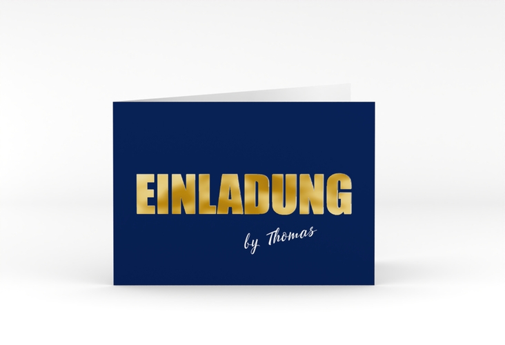 Einladung Geburtstag Zig A6 Klappkarte quer blau gold