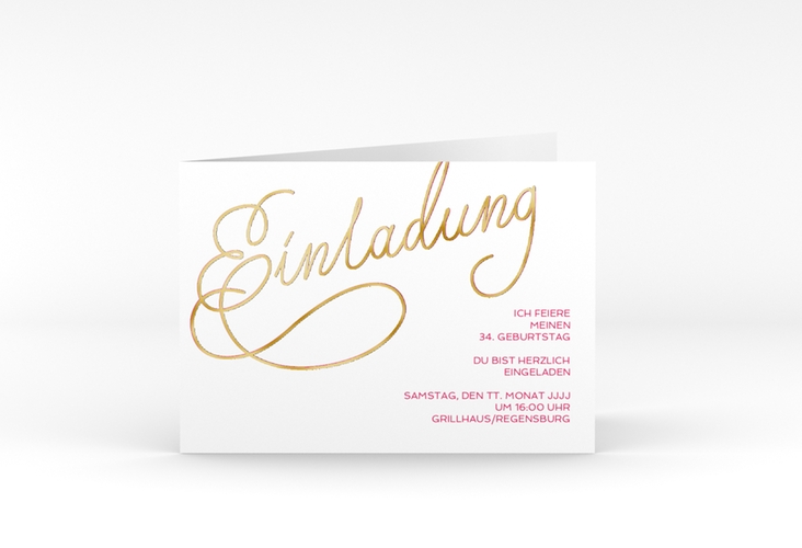 Einladung Geburtstag  Schwungvoll A6 Klappkarte quer pink gold