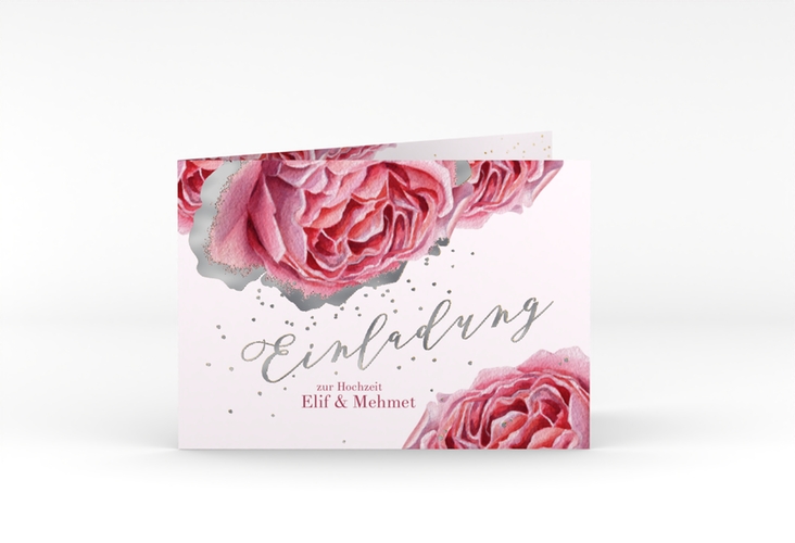 Hochzeitseinladung Cherie A6 Klappkarte quer rosa silber