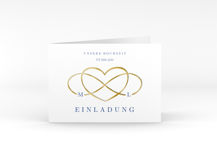 Hochzeitseinladung Infinity A6 Klappkarte quer blau gold