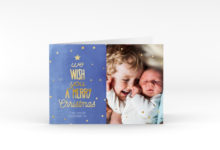 Weihnachtskarte Schneeglitzern A6 Klappkarte quer blau gold im Handlettering-Stil mit Foto