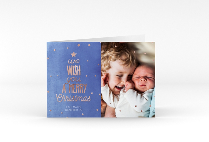 Weihnachtskarte Schneeglitzern A6 Klappkarte quer blau rosegold im Handlettering-Stil mit Foto