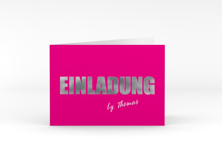 Einladung Geburtstag Zig A6 Klappkarte quer pink silber