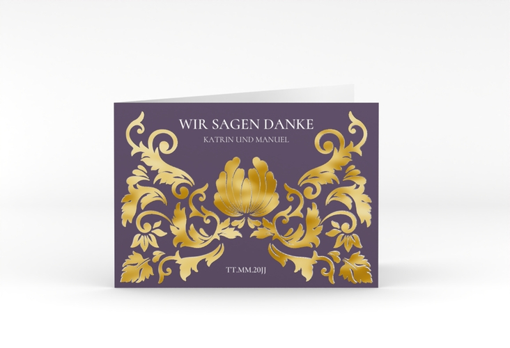 Danksagungskarte Hochzeit Royal A6 Klappkarte quer lila gold mit barockem Blumen-Ornament
