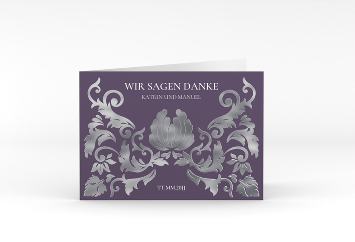 Danksagungskarte Hochzeit Royal A6 Klappkarte quer lila silber mit barockem Blumen-Ornament