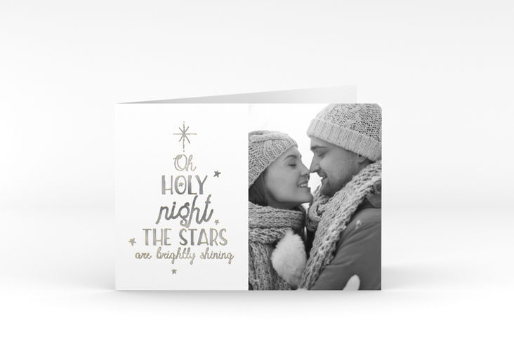 Weihnachtskarte Winterhimmel A6 Klappkarte quer gold silber mit Handlettering-Text und Foto
