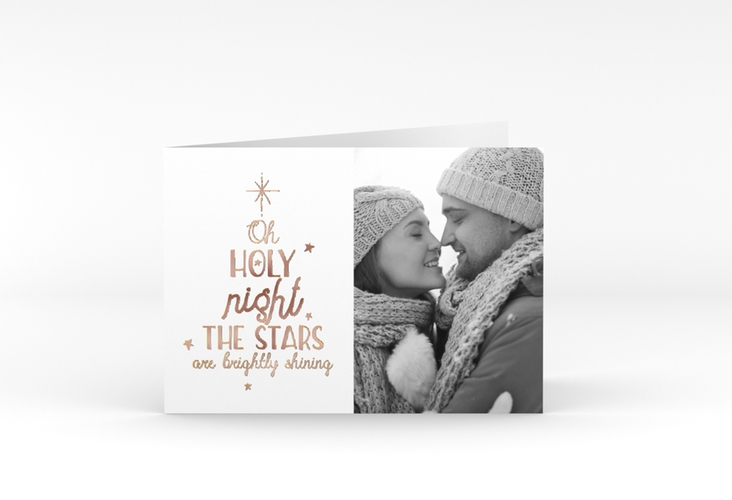 Weihnachtskarte Winterhimmel A6 Klappkarte quer gold rosegold mit Handlettering-Text und Foto