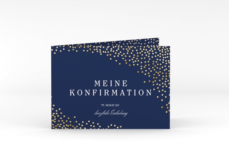 Einladung Konfirmation Glossy A6 Klappkarte quer blau gold