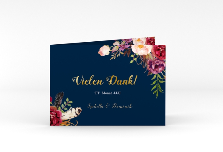 Danksagungskarte Hochzeit Flowers A6 Klappkarte quer blau gold mit bunten Aquarell-Blumen