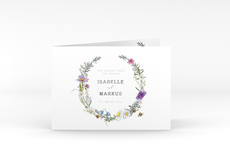 Danksagungskarte Hochzeit Blumengarten A6 Klappkarte quer bunt silber mit Blumenkranz und Hummel