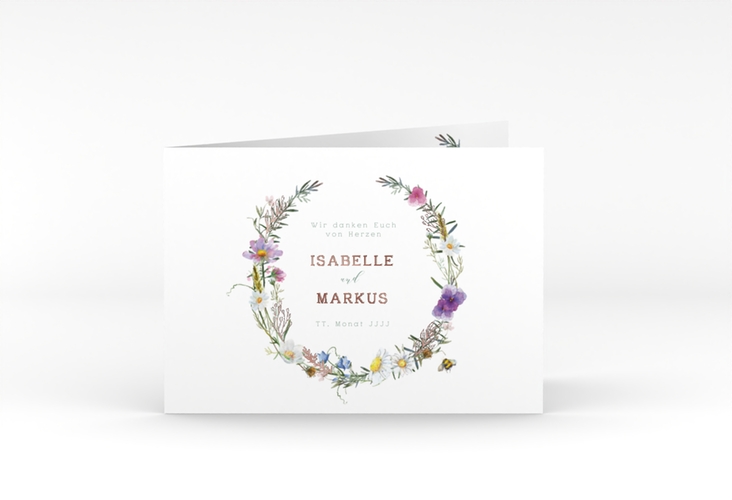 Danksagungskarte Hochzeit Blumengarten A6 Klappkarte quer bunt rosegold mit Blumenkranz und Hummel