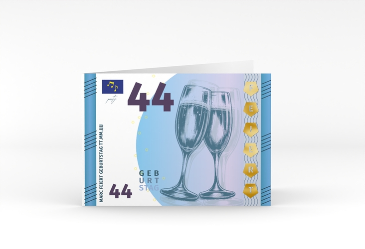 Einladung Geburtstag Geldschein A6 Klappkarte quer blau gold
