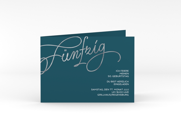 Einladung 50. Geburtstag Schwungvoll A6 Klappkarte quer blau silber