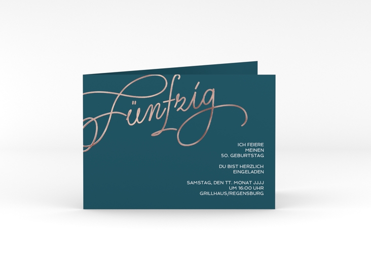 Einladung 50. Geburtstag Schwungvoll A6 Klappkarte quer blau rosegold