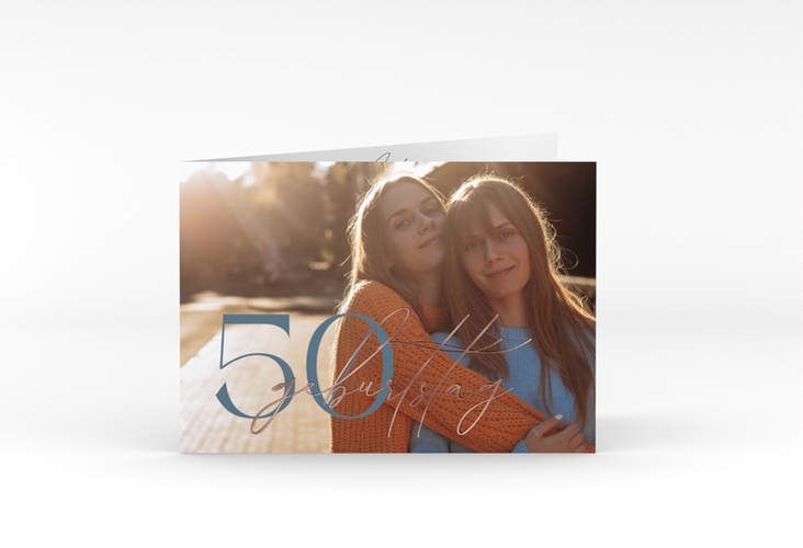 Einladung Geburtstag Ehrentag A6 Klappkarte quer blau rosegold