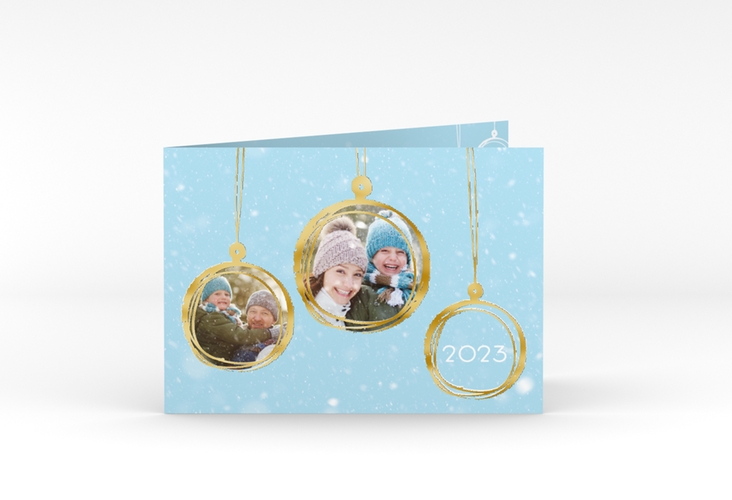 Weihnachtskarte Weihnachtskugel A6 Klappkarte quer blau gold