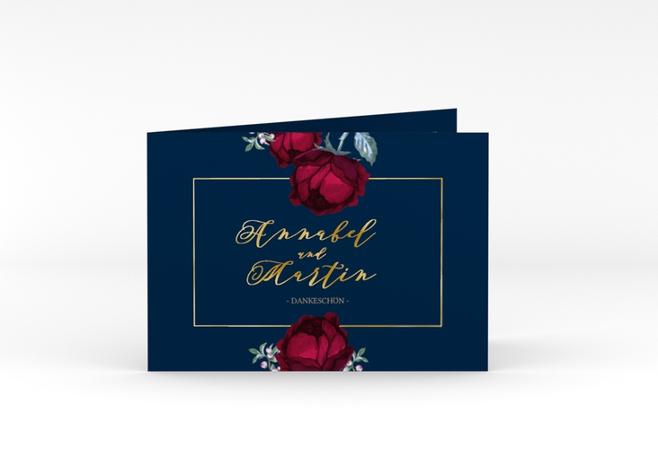 Danksagungskarte Hochzeit Peonies A6 Klappkarte quer blau gold elegant mit Pfingstrosen