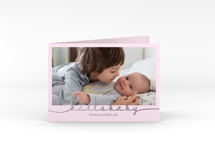 Geburtskarte Newborn A6 Klappkarte quer rosa silber