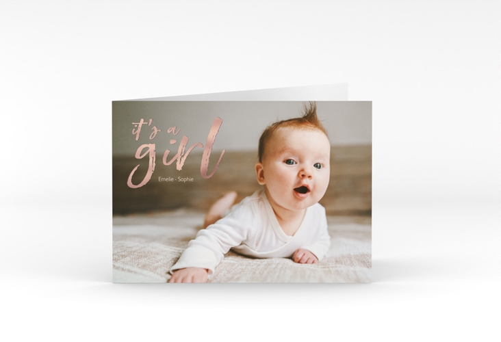 Geburtskarte Girl A6 Klappkarte quer rosa rosegold