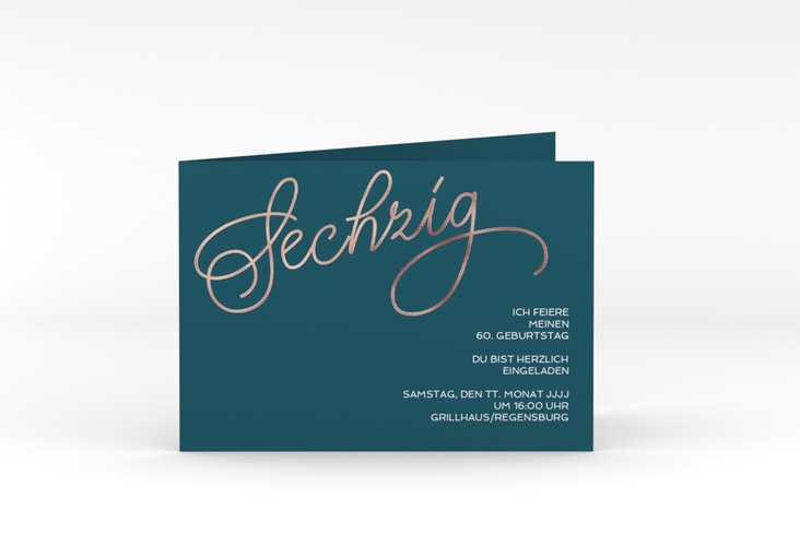 Einladung 60. Geburtstag Schwungvoll A6 Klappkarte quer blau rosegold