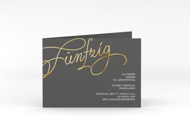Einladung 50. Geburtstag Schwungvoll A6 Klappkarte quer grau gold