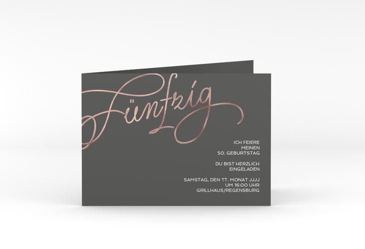 Einladung 50. Geburtstag Schwungvoll A6 Klappkarte quer grau rosegold