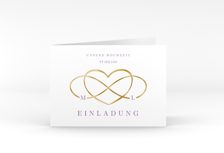 Hochzeitseinladung Infinity A6 Klappkarte quer lila gold